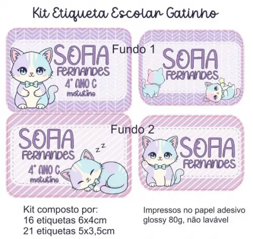 Kit Etiqueta Adesiva para Material Escolar Gatinhos