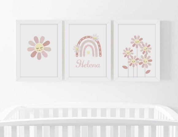 Kit 3 Quadros Infantil Bebê Flores Margaridas