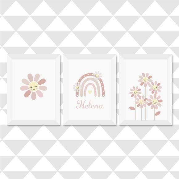 Kit 3 Quadros Infantil Bebê Flores Margaridas