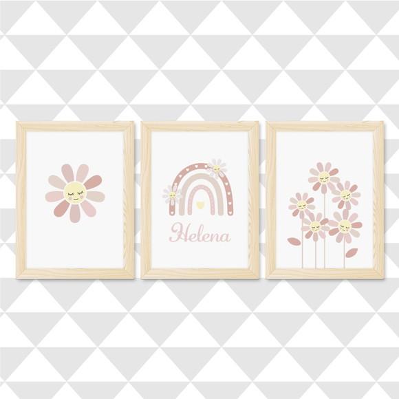 Kit 3 Quadros Infantil Bebê Flores Margaridas