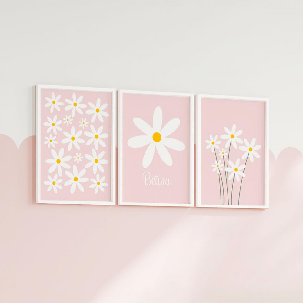 Kit 3 Quadros Infantil Bebê Flores Margaridas