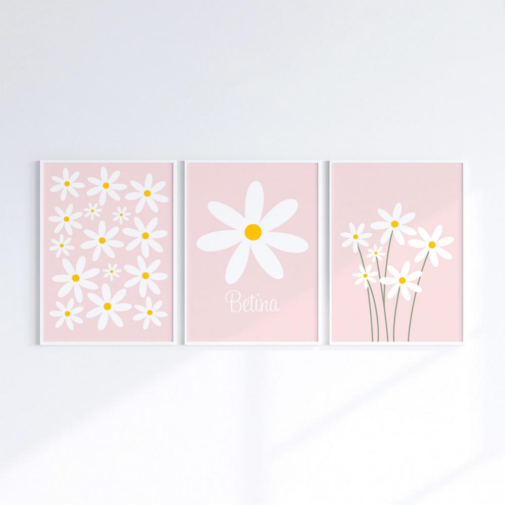 Kit 3 Quadros Infantil Bebê Flores Margaridas