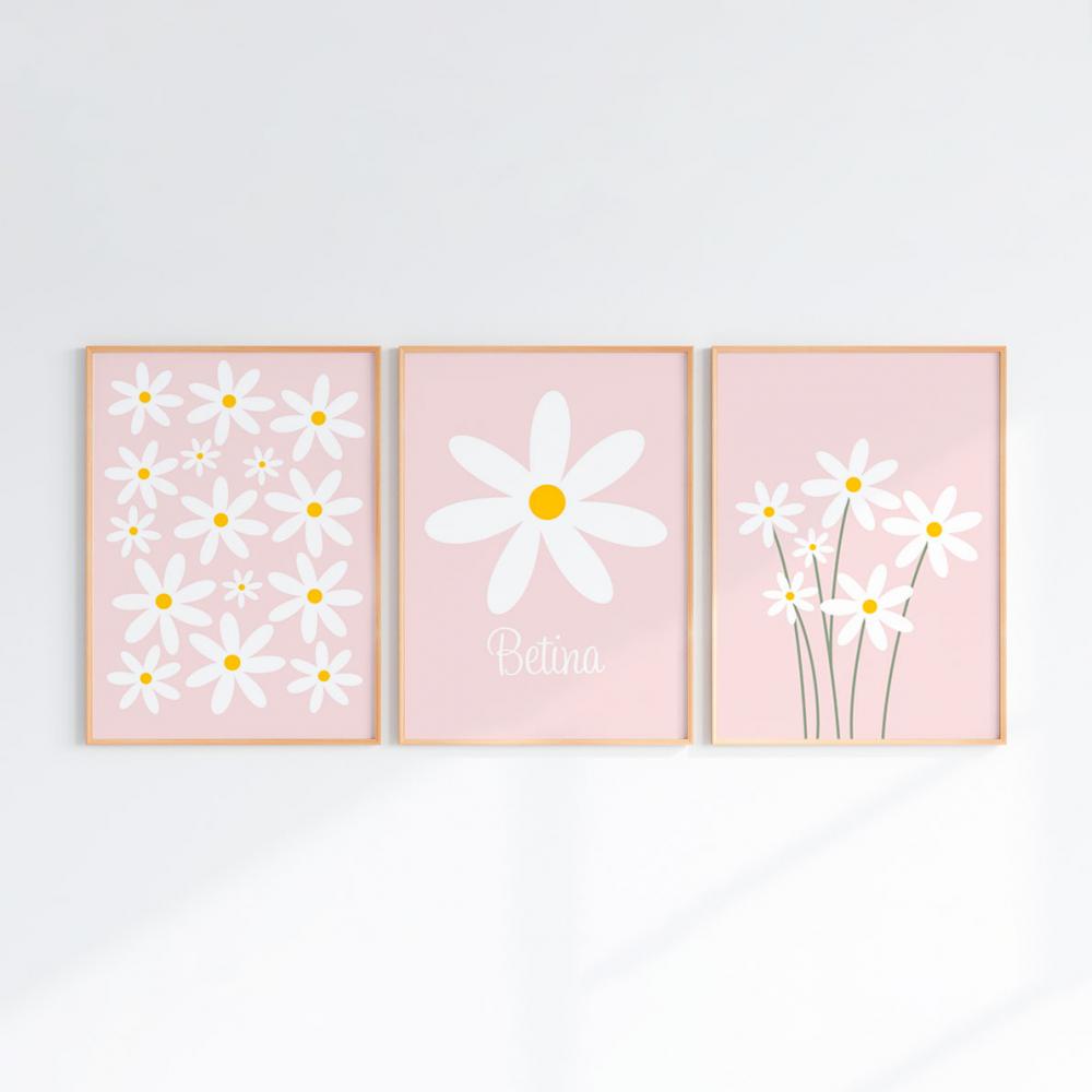 Kit 3 Quadros Infantil Bebê Flores Margaridas