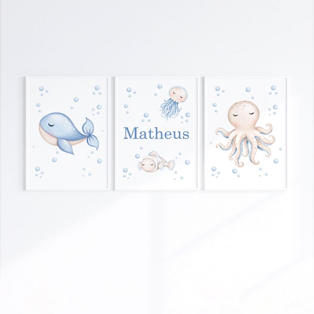 Kit 3 Quadros Infantil Bebê Fundo do Mar com Moldura