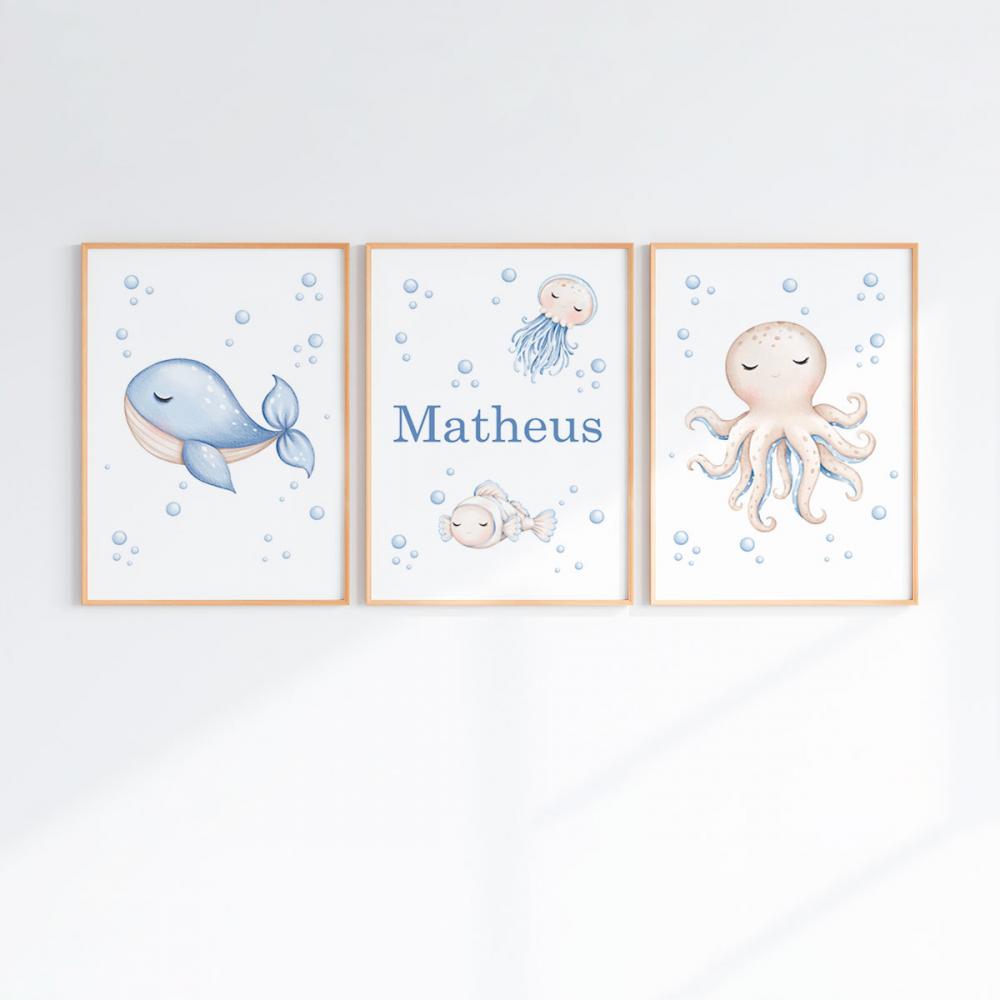 Kit 3 Quadros Infantil Bebê Fundo do Mar com Moldura