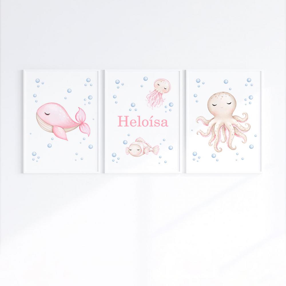 Kit 3 Quadros Infantil Bebê Fundo do Mar com Moldura