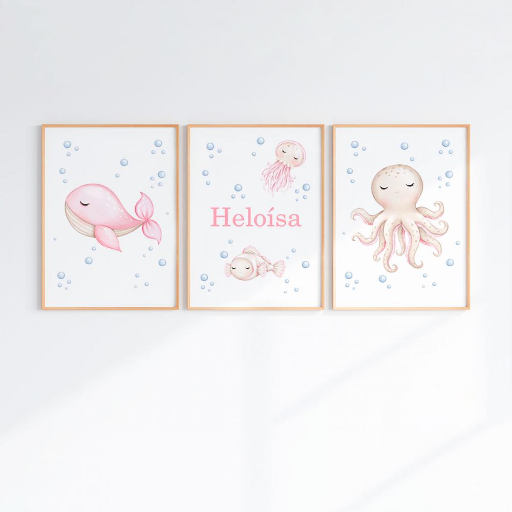 Kit 3 Quadros Infantil Bebê Fundo do Mar com Moldura