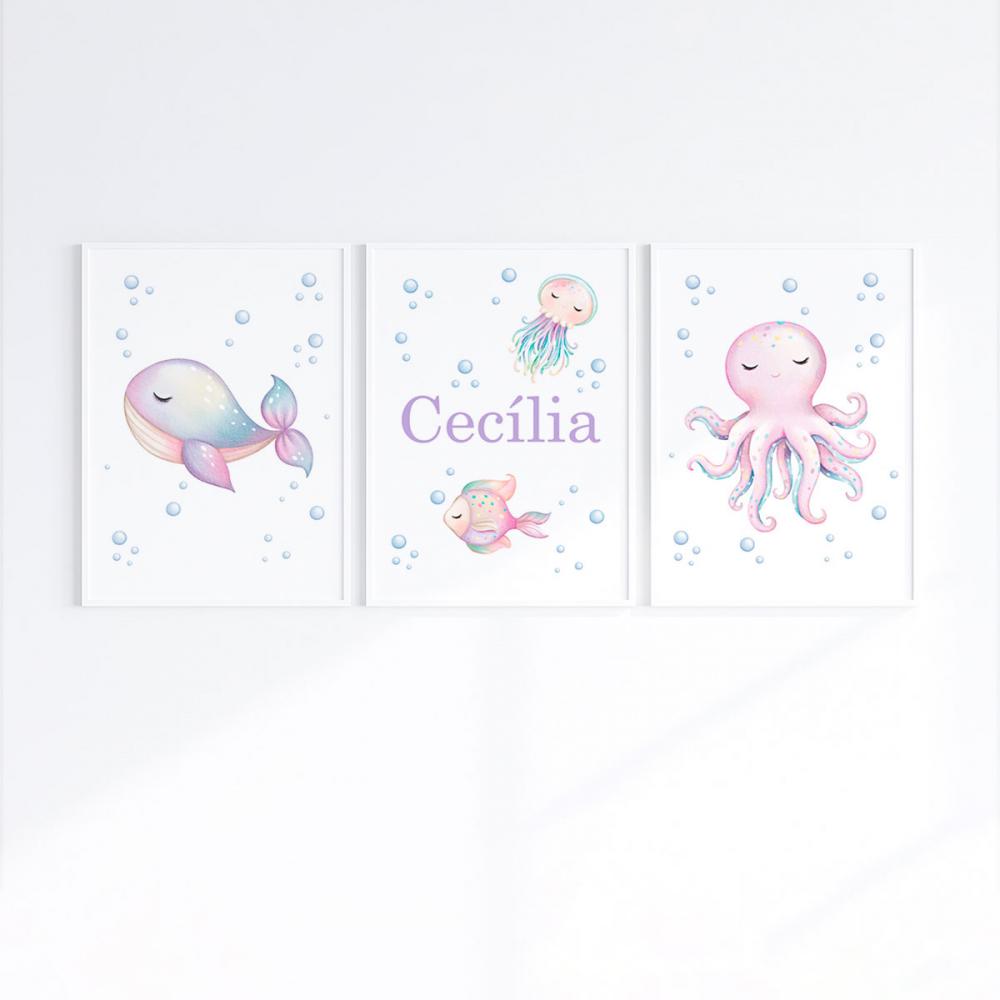 Kit 3 Quadros Infantil Bebê Fundo do Mar com Moldura