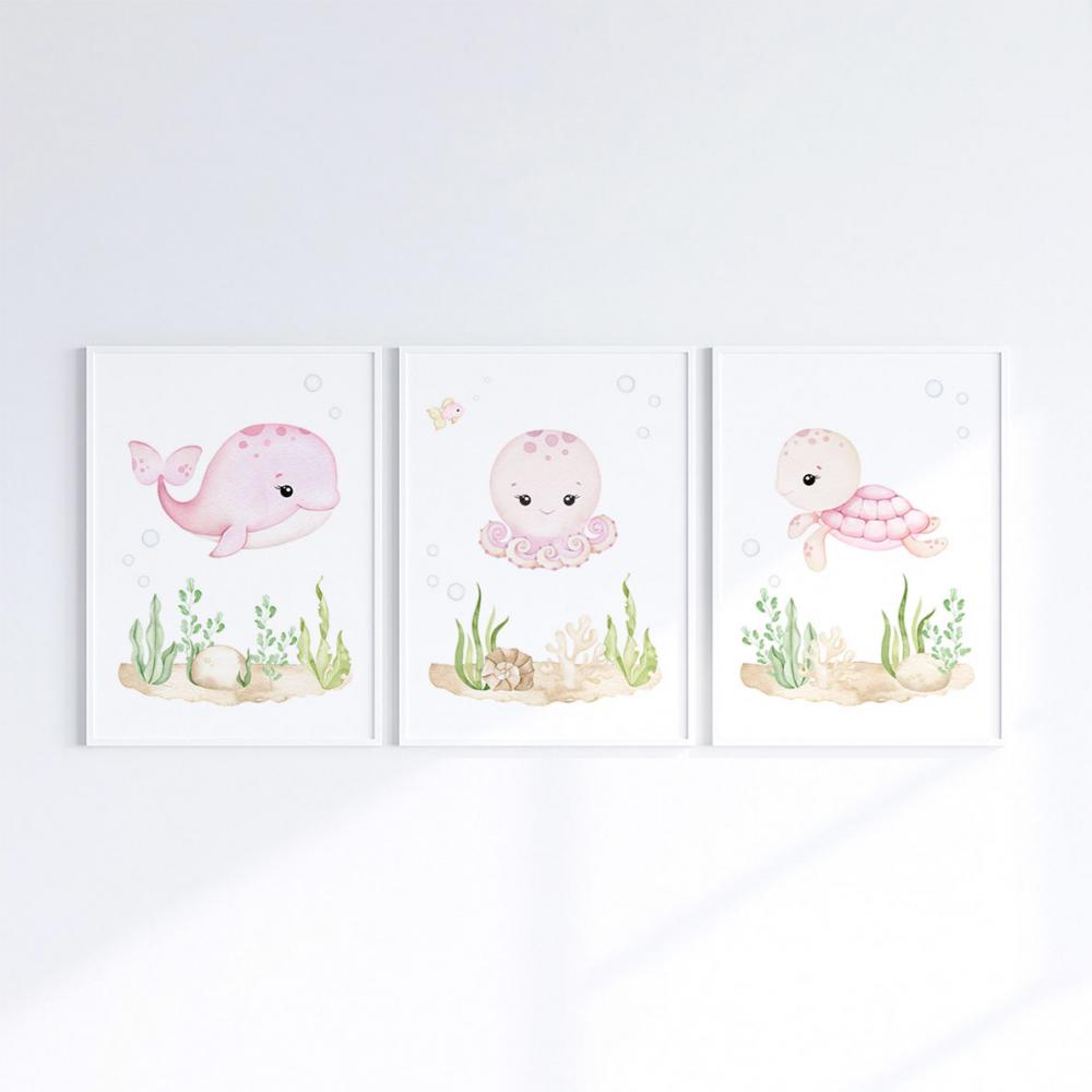 Kit 3 Quadros Infantil Bebê Fundo do Mar com Moldura