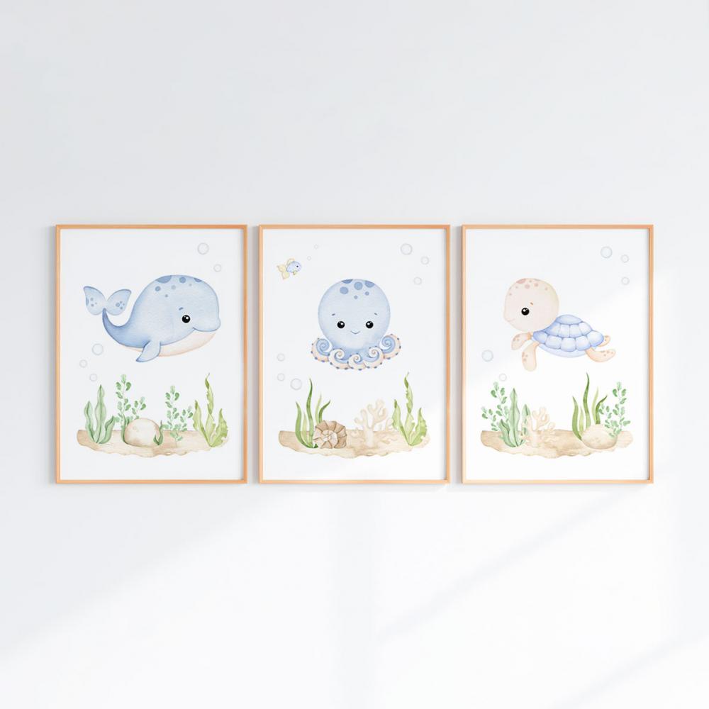 Kit 3 Quadros Infantil Bebê Fundo do Mar com Moldura