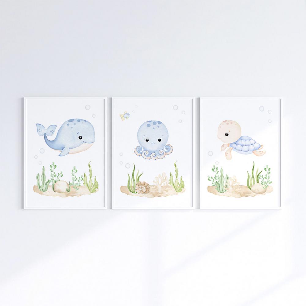 Kit 3 Quadros Infantil Bebê Fundo do Mar com Moldura