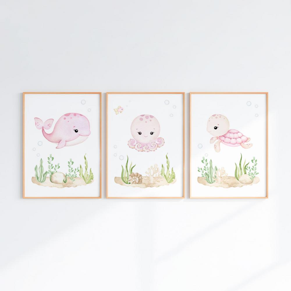 Kit 3 Quadros Infantil Bebê Fundo do Mar com Moldura