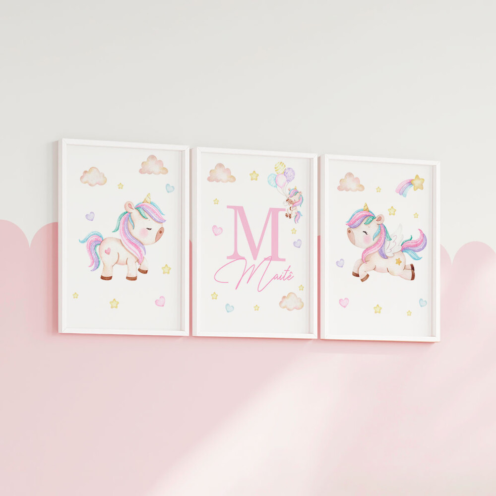 Kit 3 Quadros Infantil Bebê Unicórnio