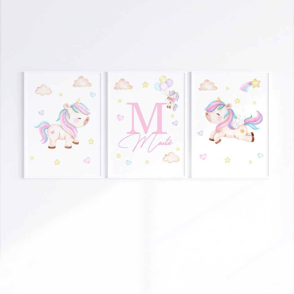 Kit 3 Quadros Infantil Bebê Unicórnio