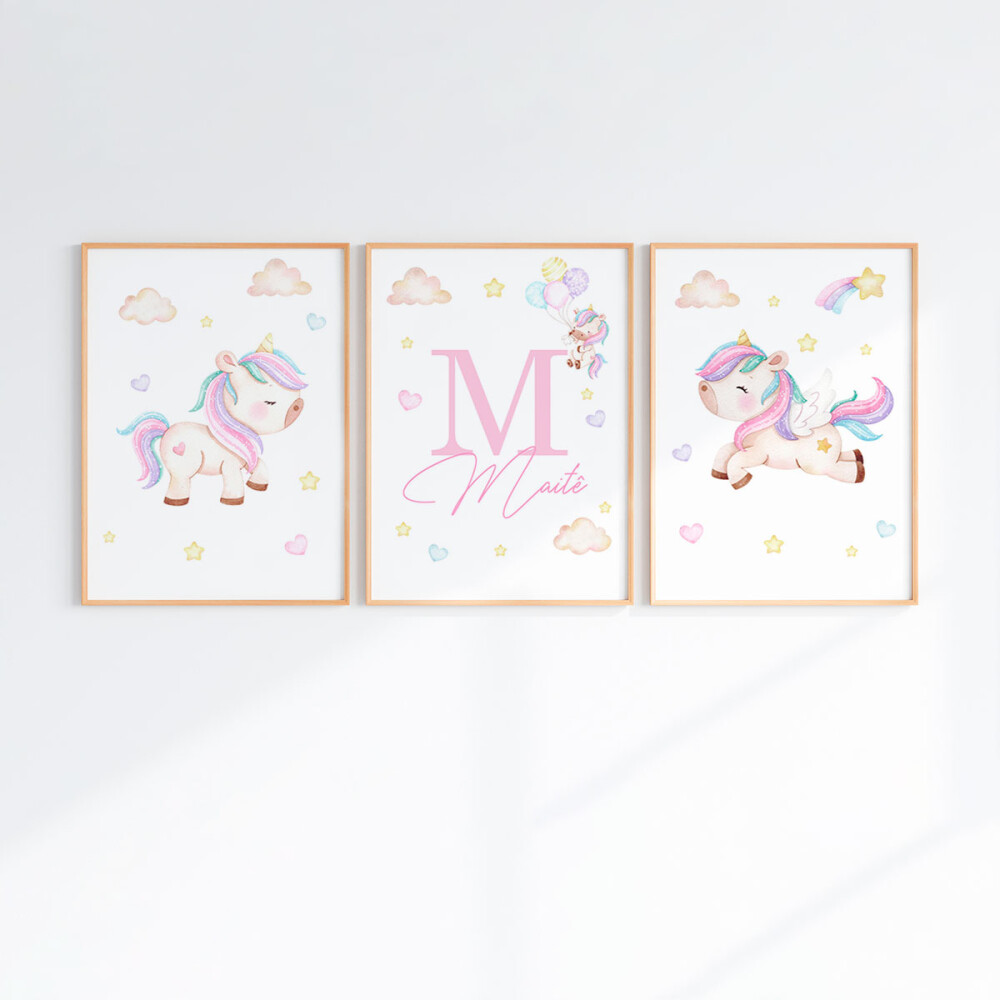 Kit 3 Quadros Infantil Bebê Unicórnio