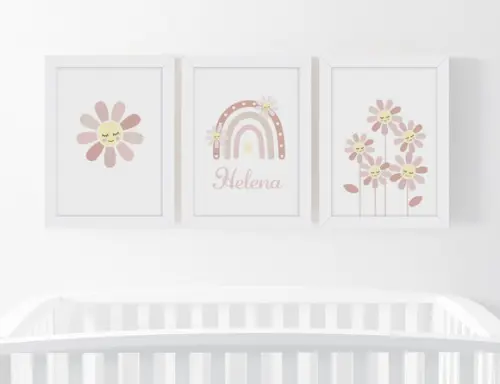 Kit 3 Quadros Infantil Bebê Flores Margaridas