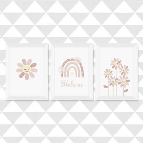 Kit 3 Quadros Infantil Bebê Flores Margaridas