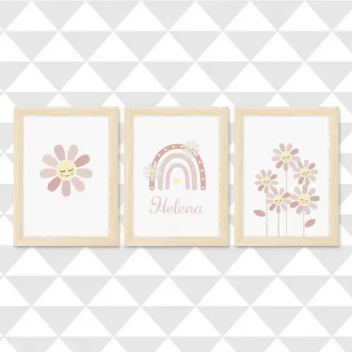 Kit 3 Quadros Infantil Bebê Flores Margaridas
