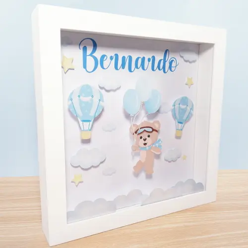 Quadro 3d Infantil Porta Maternidade Personalizado Ursinho Baloeiro