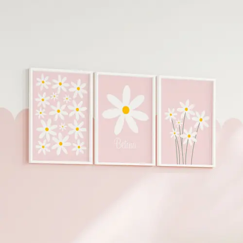 Kit 3 Quadros Infantil Bebê Flores Margaridas