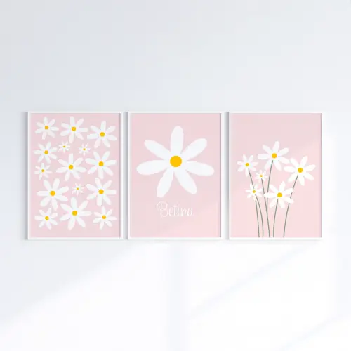 Kit 3 Quadros Infantil Bebê Flores Margaridas