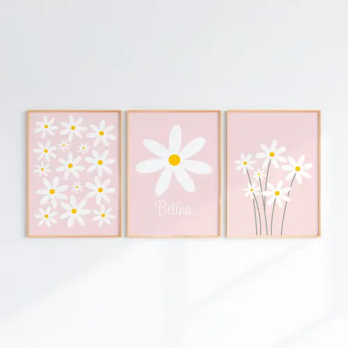 Kit 3 Quadros Infantil Bebê Flores Margaridas