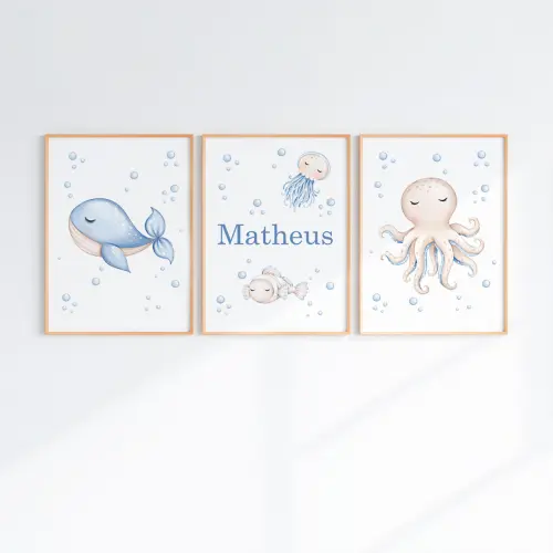 Kit 3 Quadros Infantil Bebê Fundo do Mar com Moldura