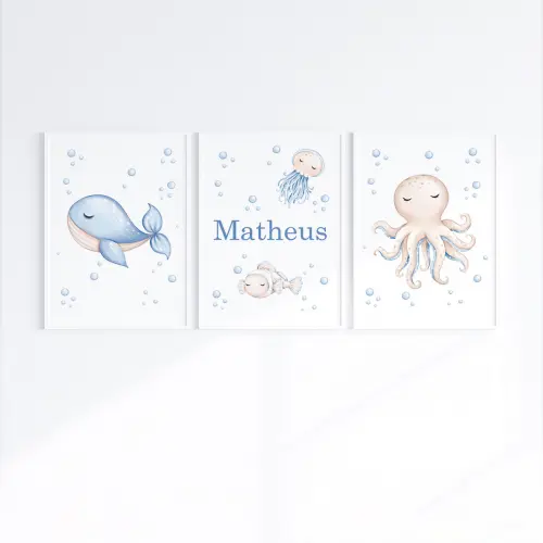 Kit 3 Quadros Infantil Bebê Fundo do Mar com Moldura