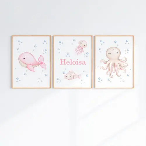 Kit 3 Quadros Infantil Bebê Fundo do Mar com Moldura