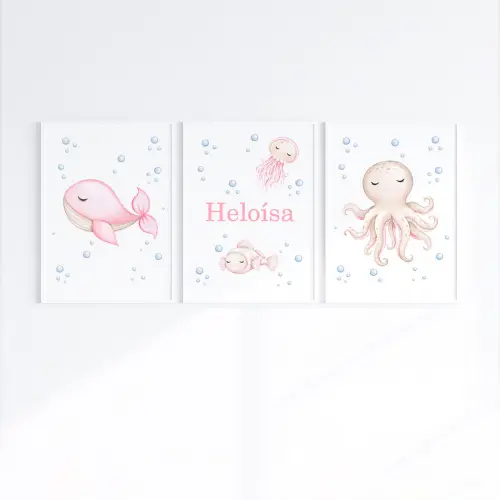 Kit 3 Quadros Infantil Bebê Fundo do Mar com Moldura