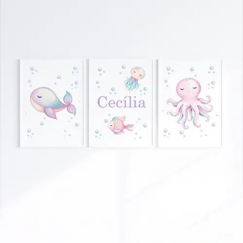 Kit 3 Quadros Infantil Bebê Fundo do Mar com Moldura