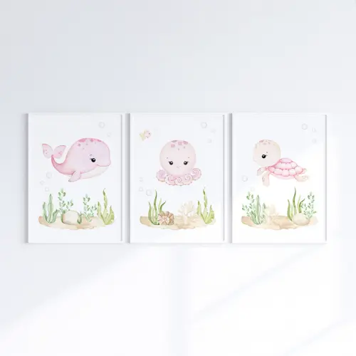 Kit 3 Quadros Infantil Bebê Fundo do Mar com Moldura