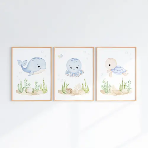 Kit 3 Quadros Infantil Bebê Fundo do Mar com Moldura
