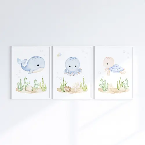 Kit 3 Quadros Infantil Bebê Fundo do Mar com Moldura