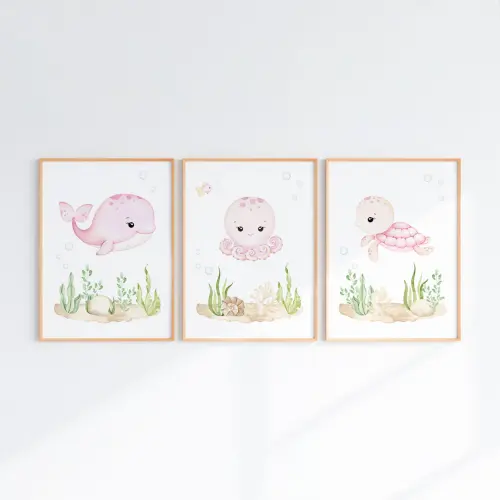 Kit 3 Quadros Infantil Bebê Fundo do Mar com Moldura