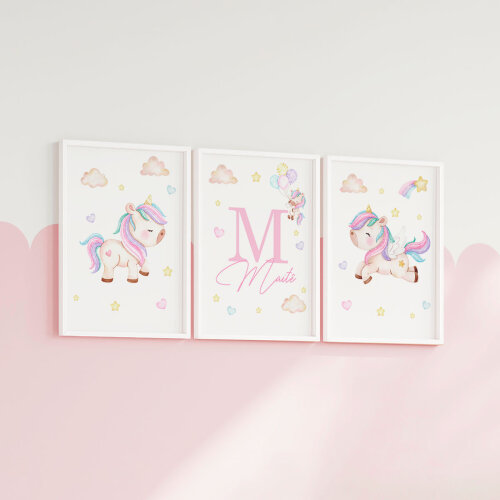 Kit 3 Quadros Infantil Bebê Unicórnio