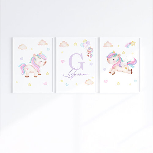 Kit 3 Quadros Infantil Bebê Unicórnio