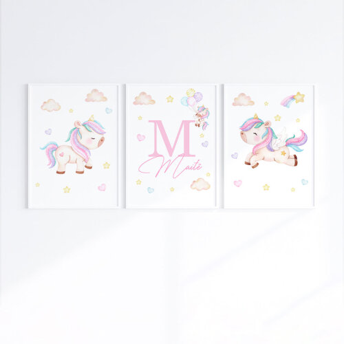 Kit 3 Quadros Infantil Bebê Unicórnio