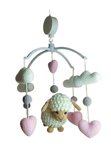 Mobile Musical de Berço Amigurumi Artesanal Ovelha Branco
