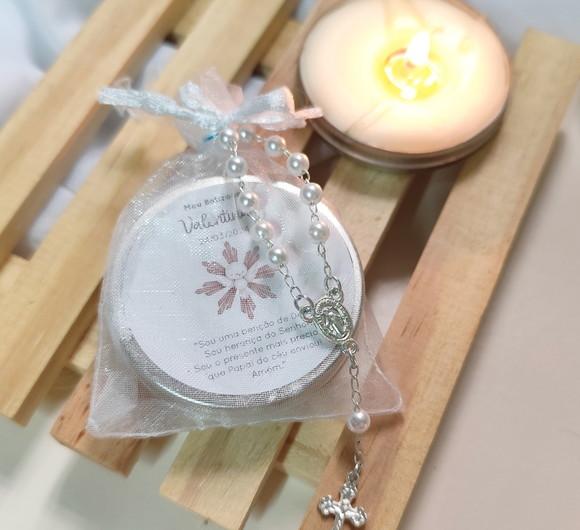 Mini Vela na Latinha Personalizada + Mini Terço