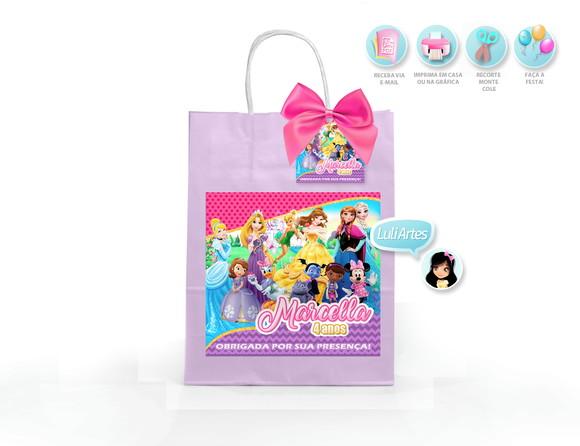 Arte Digital Adesivo Sacola Princesas Disney + Tag