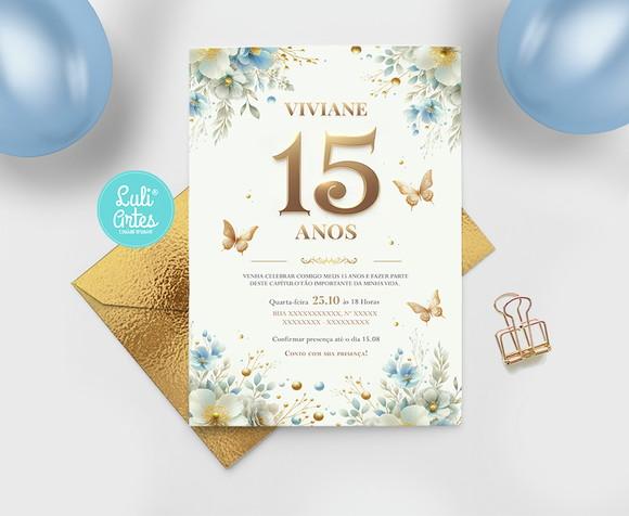 Convite Digital Flores Dourado e Azul 15 Anos