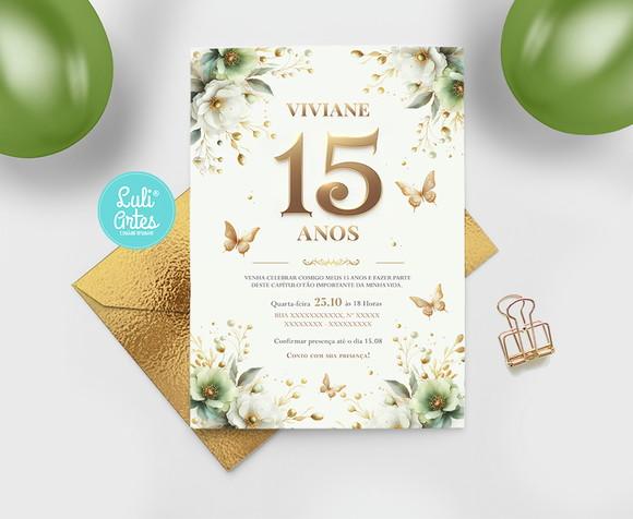 Convite Digital Flores Dourado e Verde 15 Anos