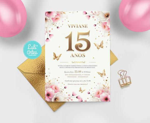 Convite Digital Flores Dourado e Rosa 15 Anos