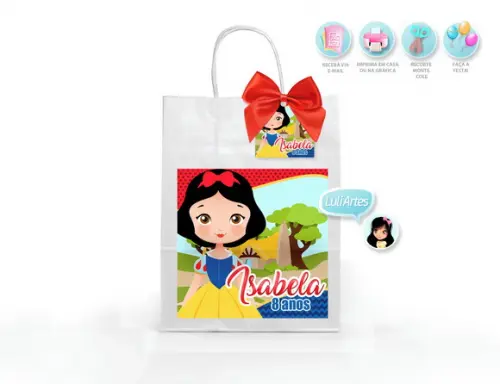 Arte Digital Adesivo Sacola + Tag Branca de Neve