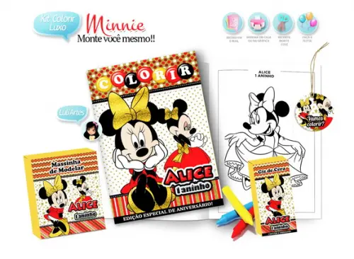 Arte Digital Kit Colorir Minnie Vermelha e Dourada