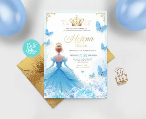 Convite Digital Azul 15 Anos - Debutante Princesa