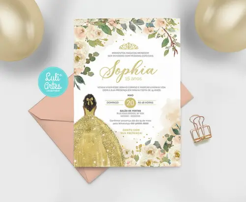 Convite Digital Dourado 15 anos - Debutante