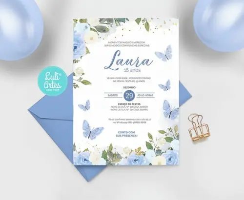 Convite Digital Flores Borboletas Azul 15 Anos