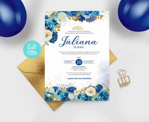 Convite Digital Flores Azul 15 anos